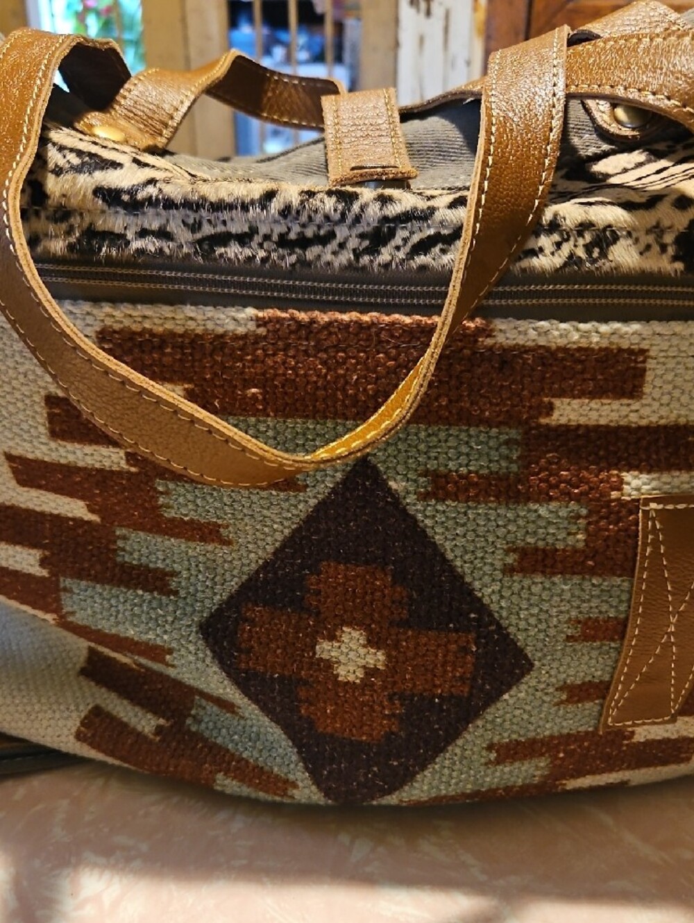 Myra Bag Southwestern Tapestry Tote in Brown, Cream, Teal - Picture 4 of 14